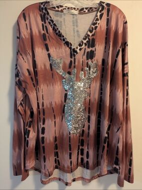 HBEYYTO Leopard Trim V-Neck Tunic in Dusty Rose